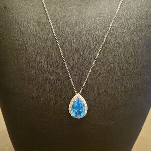Pear Shaped Halo Set Blue Topaz Necklace